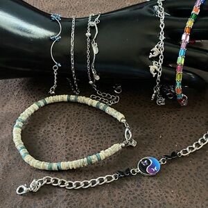 7 Silver tone and Multicolor Beaded, Waves, Dolphins, Ankle Bracelet Set Guess
